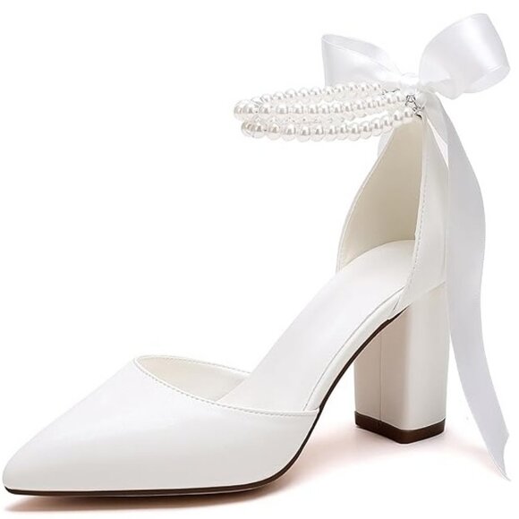 NIB. Ivory Wedding Pump With Ankle Pearls and Heel Bow - Size 8. - Picture 1 of 5